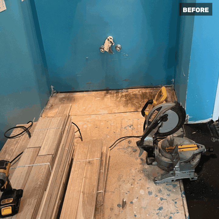 Before and after: new hardwood floor installed in a bathroom