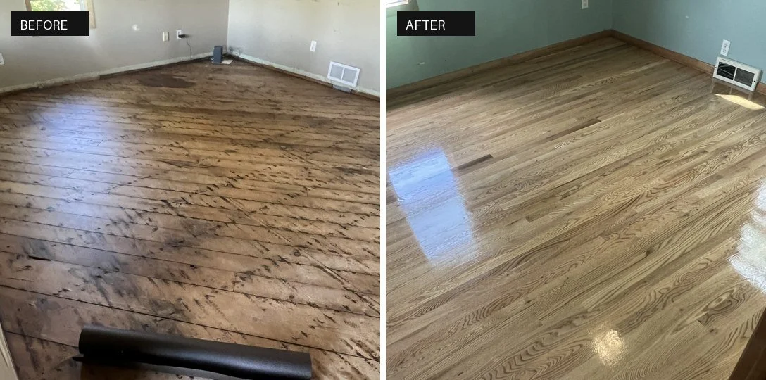 Comparison of room before and after hardwood floor refinishing, showing a worn, dark, and scratched floor transformed into a smooth, shiny, and light-colored finished floor.