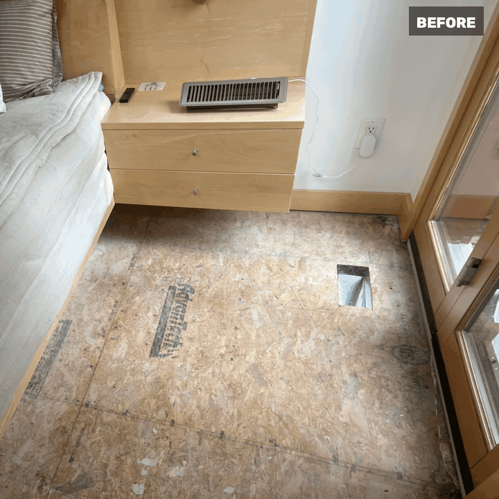 Before and after: bare plywood subfloor to new hardwood in a bedroom