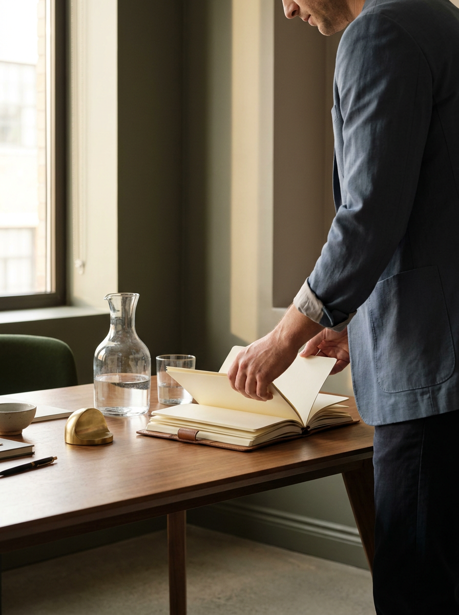 A man in a suit standing by a wooden table, flipping through the pages of an open notebook or journal in a well-lit room with a window, glass pitcher of water, glass, bowl, and pen on the table.