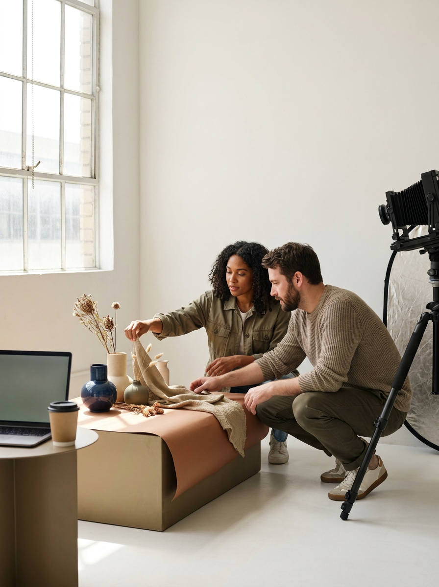 Two people arranging flowers and textiles for a photoshoot in a bright room with large window, photography equipment nearby.