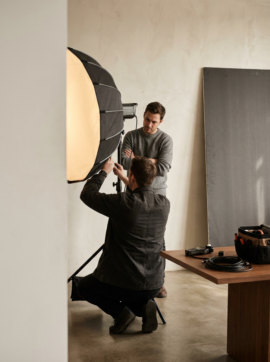 Two men working on a photography setup with a large softbox light in a studio or indoor setting.