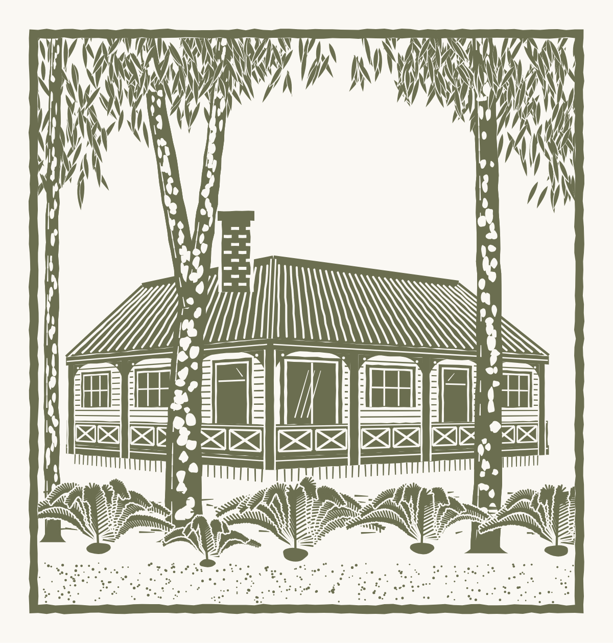 Lino-print illustration of the Barragga Beach Shack among spotted gums