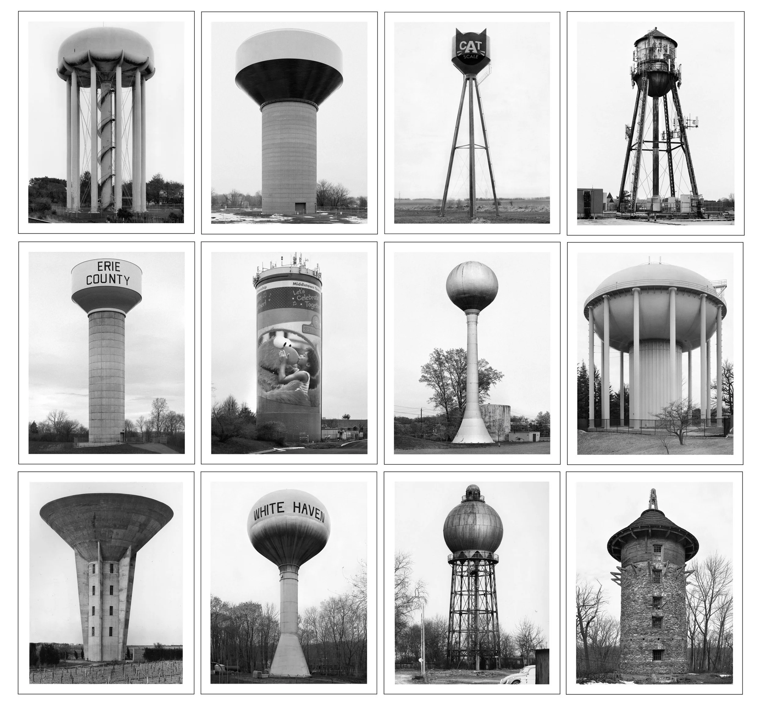 Black-and-white collage of 12 distinctive water towers, including elevated tanks, spherical tanks, and towers labeled CAT Scale, Erie County, Middletown Township, and White Haven.