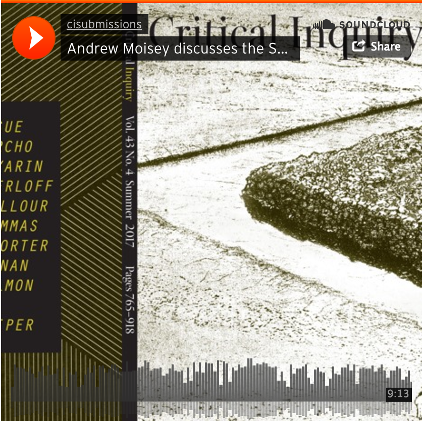 SoundCloud player for Andrew Moisey discussing a summer 2017 literary journal issue, with an abstract black-and-white cover image.