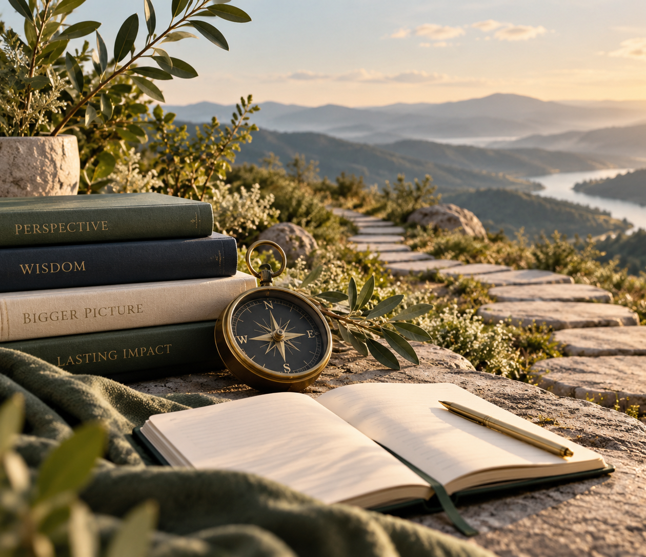 notebook and compass