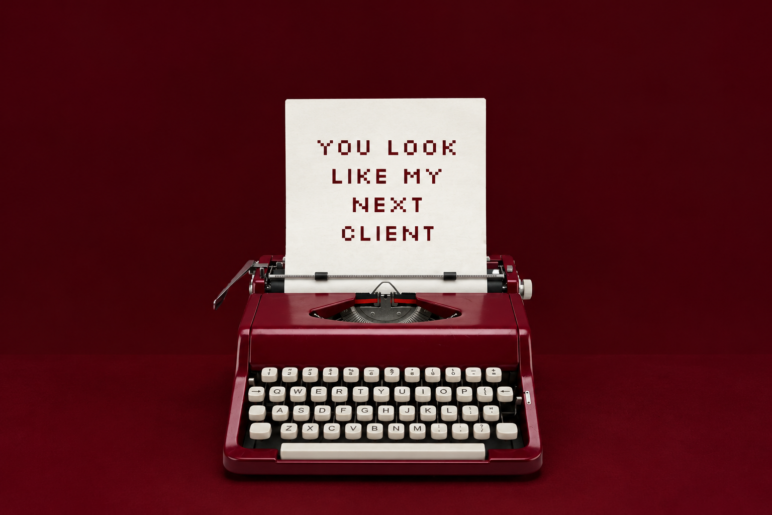 A red vintage typewriter with a white sheet of paper inserted. The paper has a message written in pixelated font that says, "You look like my next client."