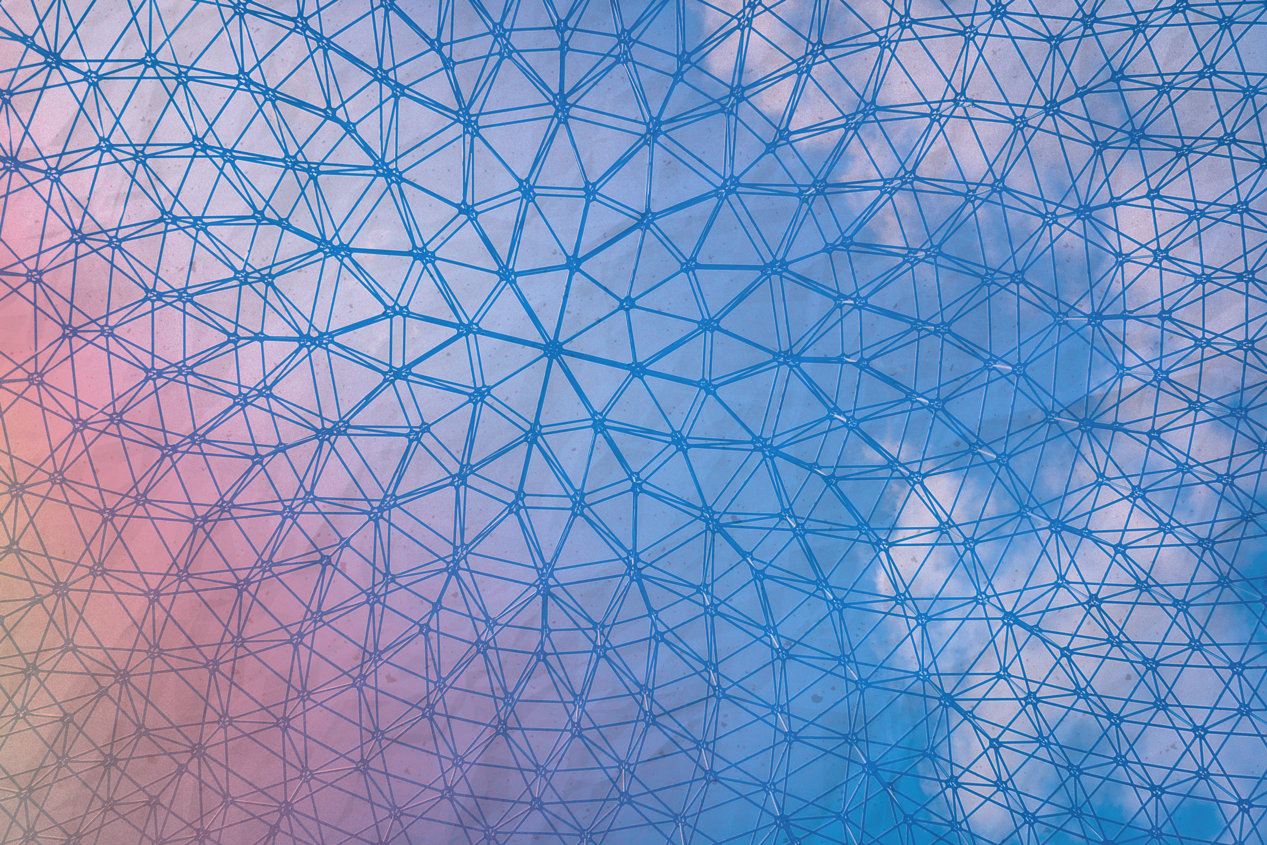 Close-up of a geodesic dome structure with a painted sky background featuring pink and blue hues.
