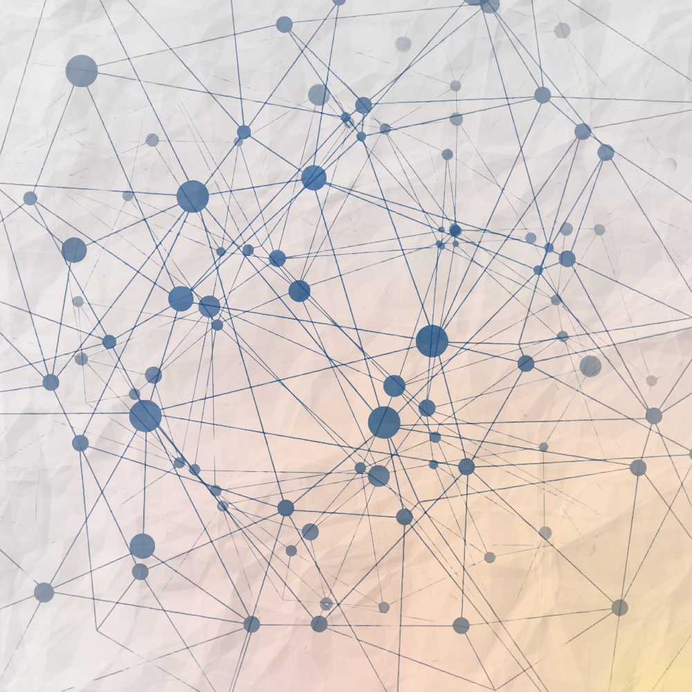 A digital illustration of a network with interconnected nodes and links, color spread includes shades of blue and light colors, symbolizing connectivity and data exchange.