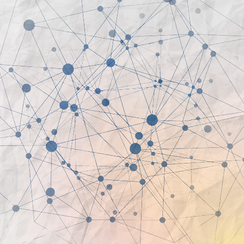 Abstract digital network with interconnected blue and gray dots and lines on a light background.