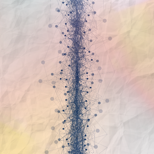 Abstract digital network with interconnected nodes and lines, symmetrical around a central vertical axis.