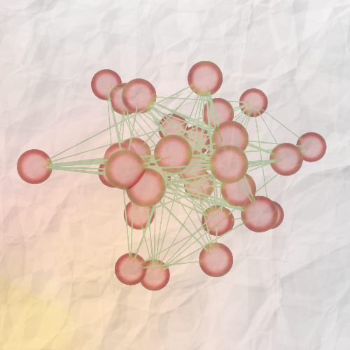 Illustration of interconnected pink and green spherical nodes connected by lines on a crumpled, light-colored background.