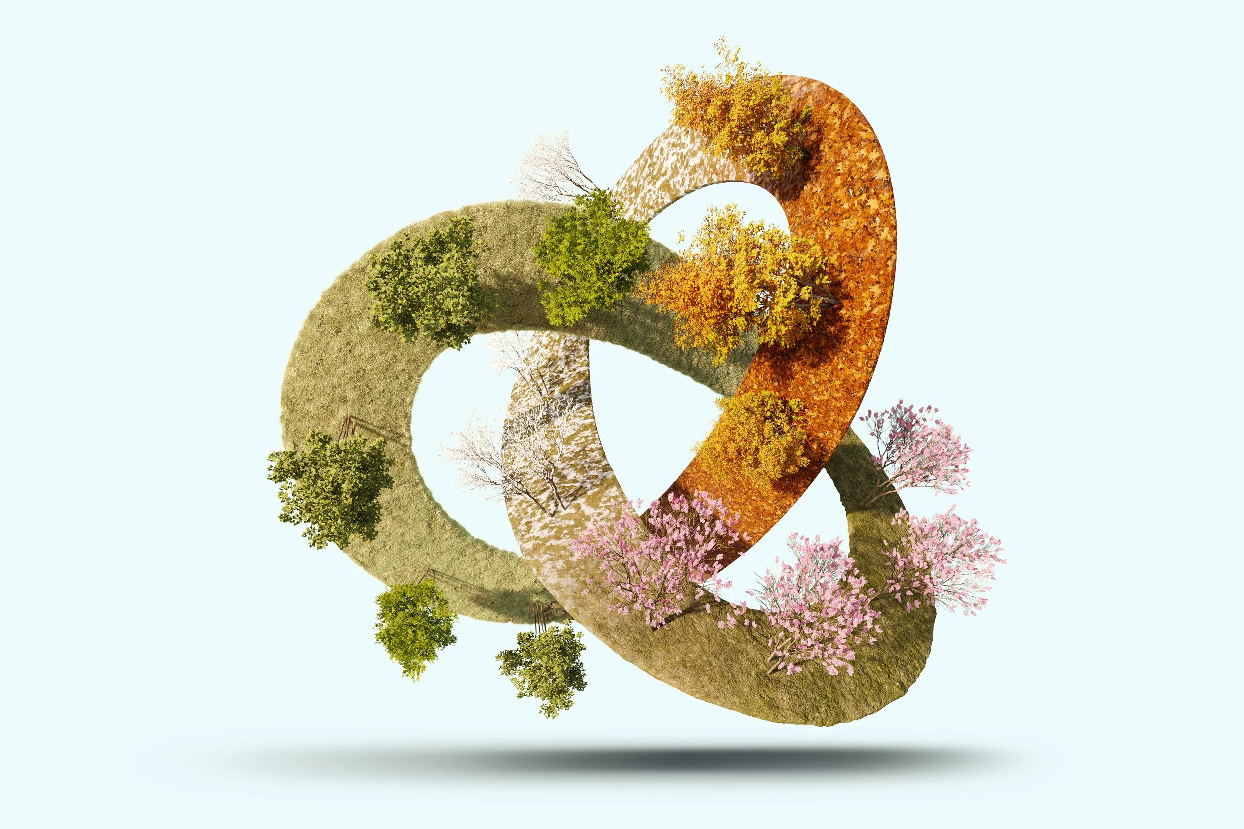 A 3D infinity symbol made of landscape scenes, featuring trees with green, orange, and pink leaves, in various seasons, set against a light background.