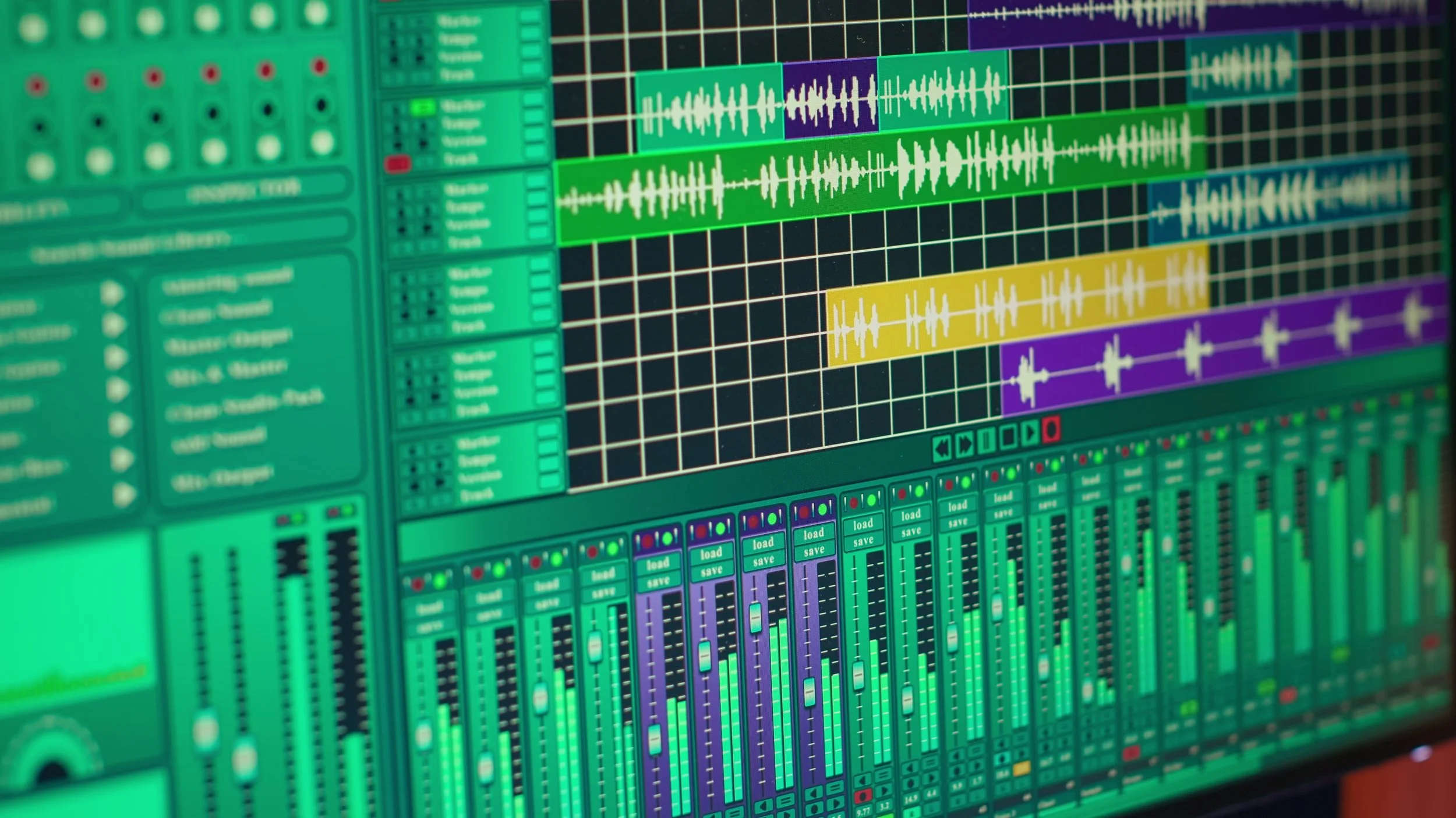 A digital audio workstation screen showing multiple tracks, waveforms, sound controls, and mixing tools in a professional audio editing software.