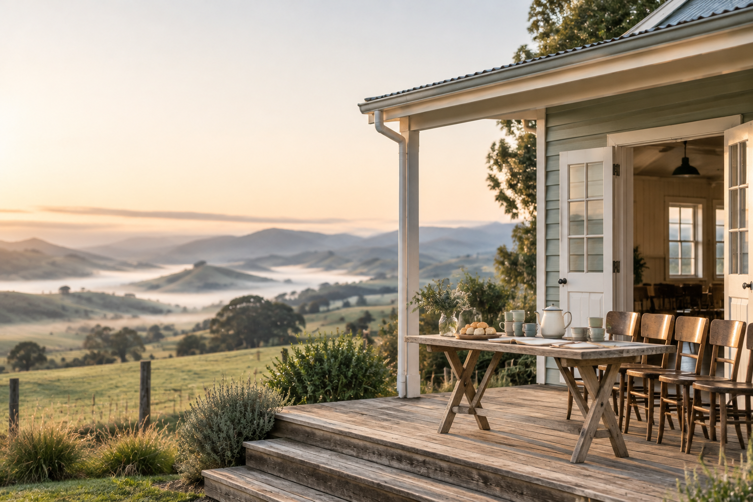 A rural community hall veranda set with tea, scones, notebooks and wooden chairs, overlooking misty paddocks at dawn