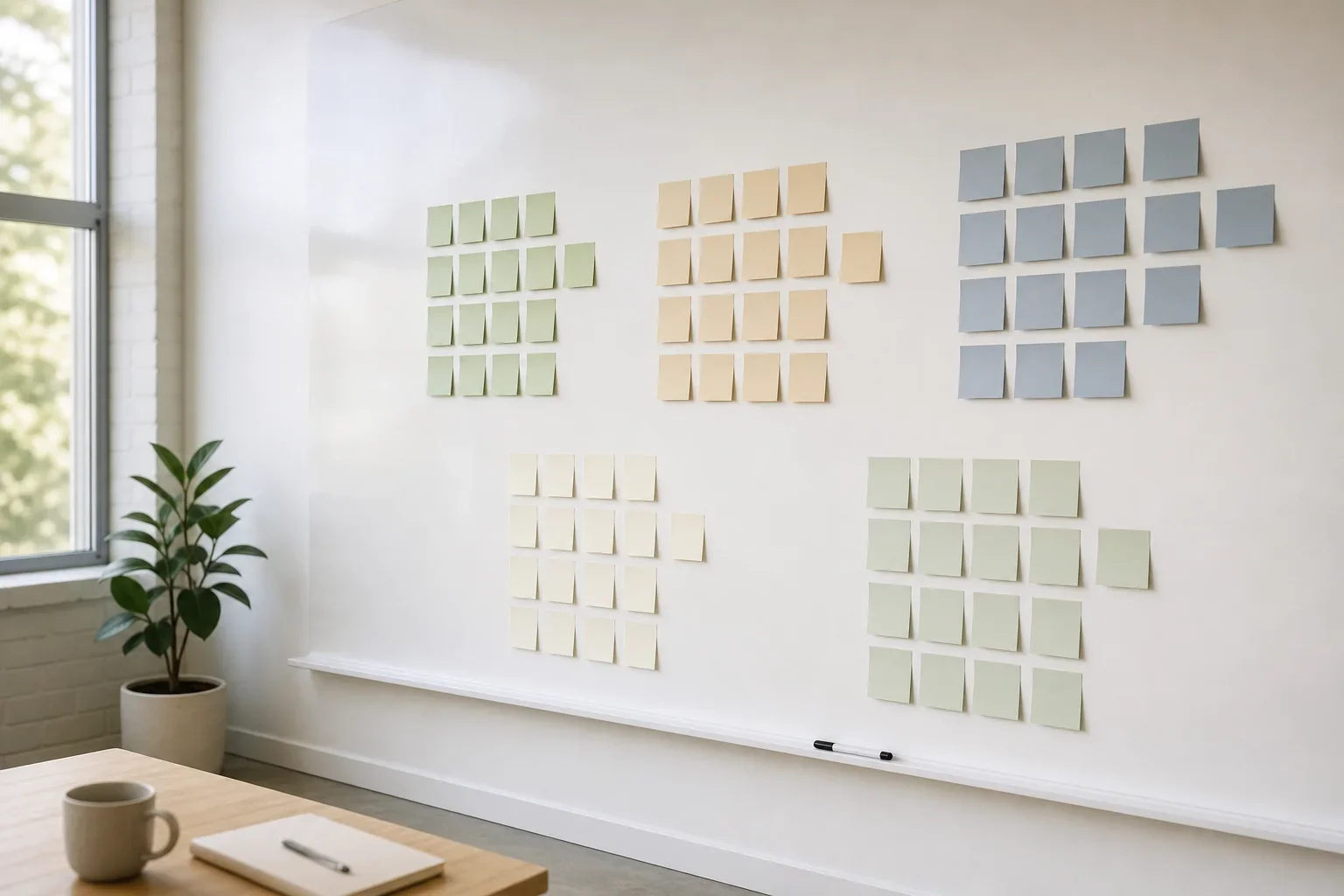 A workshop wall of colourful sticky notes grouped into themes, with a marker on the ledge