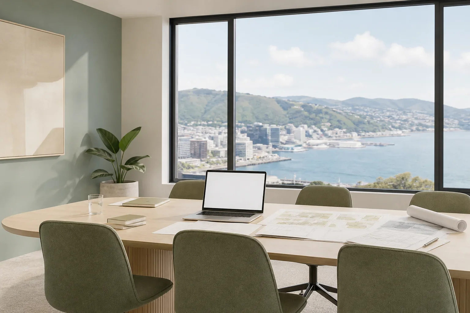 A bright Wellington meeting room with a laptop and printed plans on the table, harbour view through the window