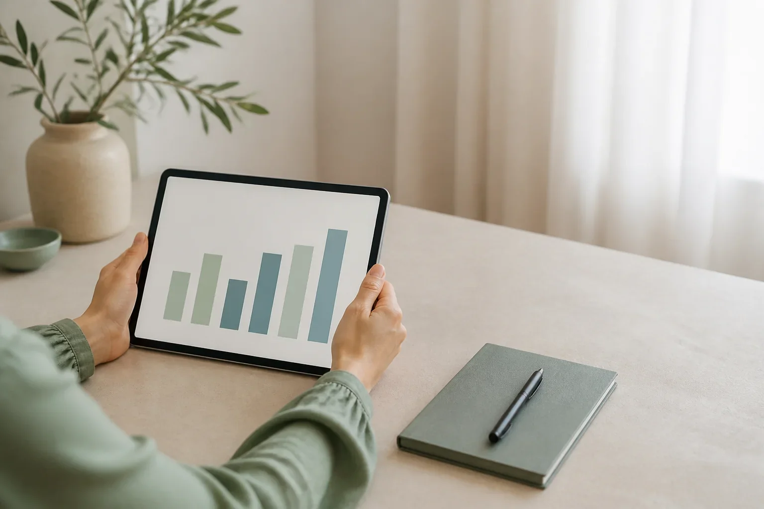 Over-the-shoulder view of hands holding a tablet with a simple chart, with a notebook and pen beside it