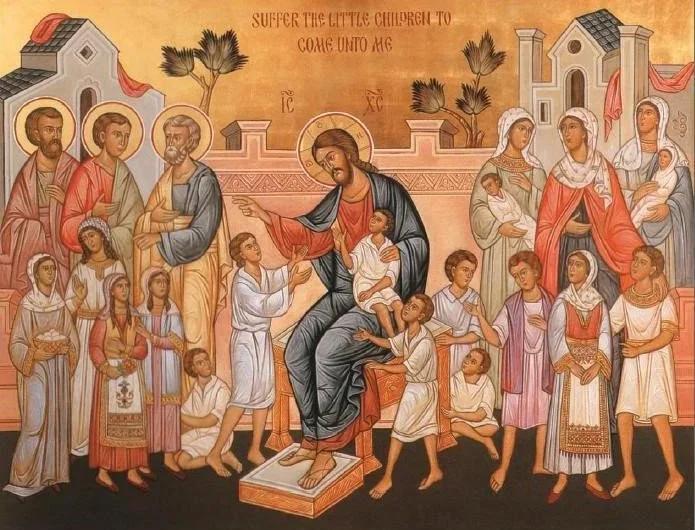 Icon of Christ blessing the children, inscribed Suffer the little children to come unto me