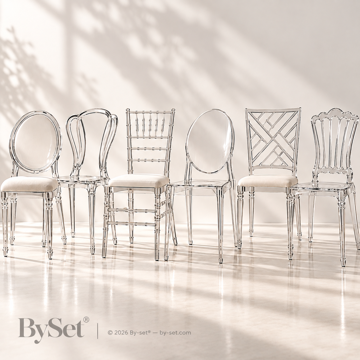 Six transparent chairs with different stylish back designs, arranged in a row on a light floor with shadows and bright lighting