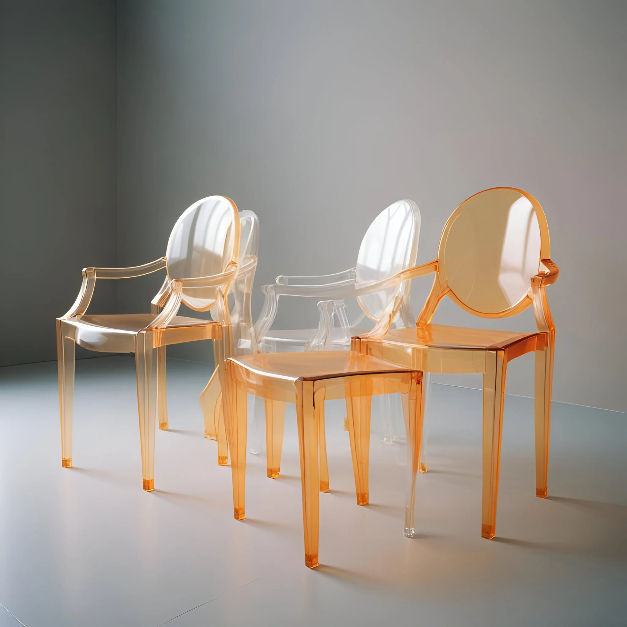 A row of transparent and colored plastic chairs with wooden seats, some chairs are clear and others are orange, arranged against a plain grey wall with a light floor.