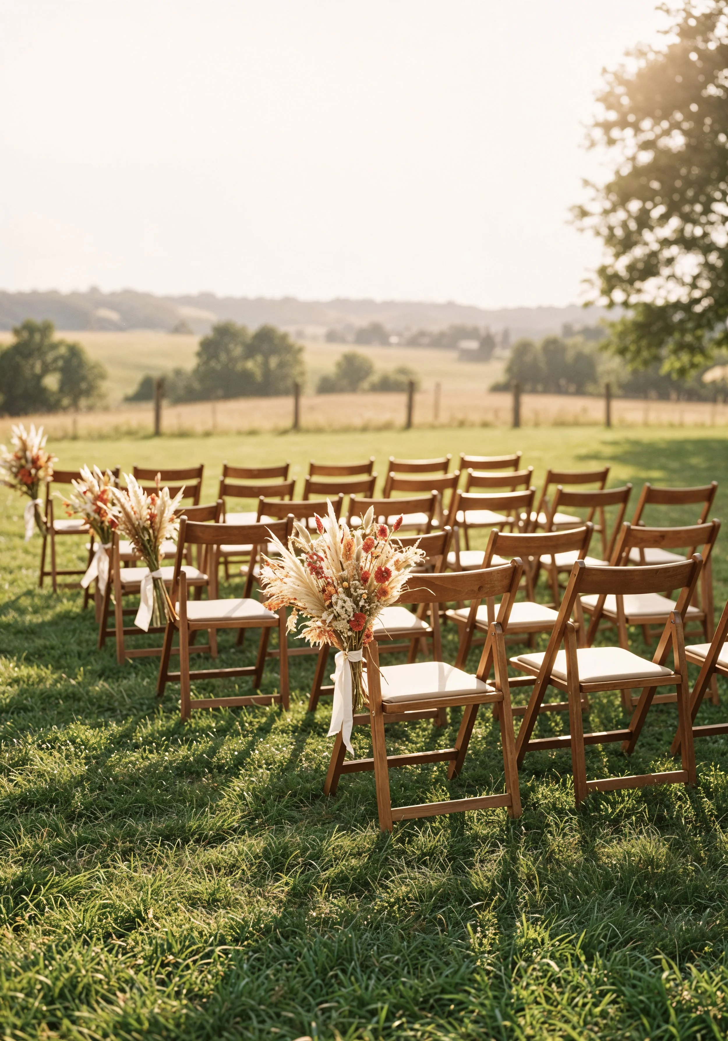 Outdoor wedding setup with chairs and floral arrangements on a green lawn, with trees and rolling hills in the background at sunset.