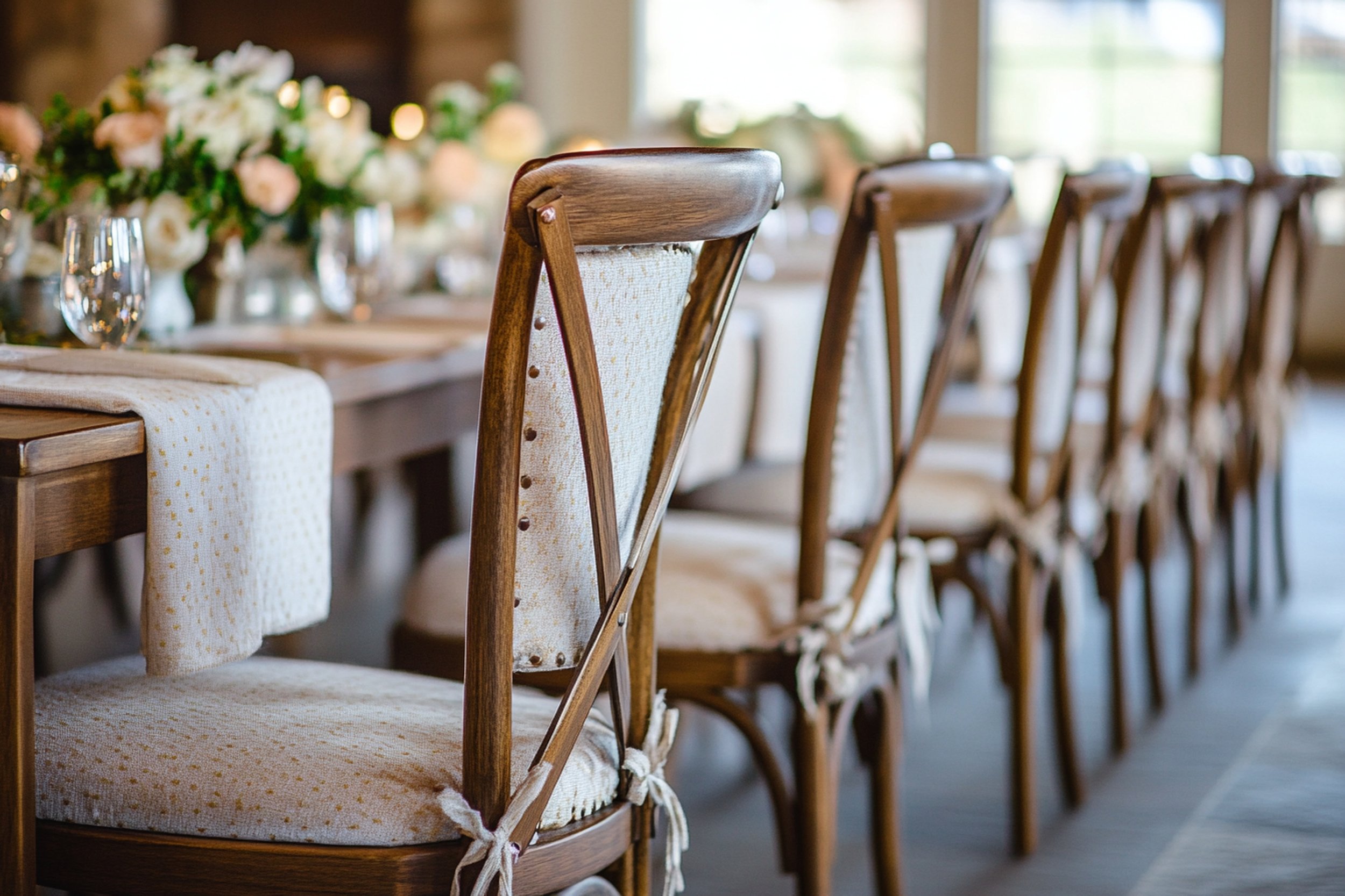 A row of wooden chairs with padded beige cushions lined up at a long dining table decorated with flower arrangements and glassware in a bright, airy room.