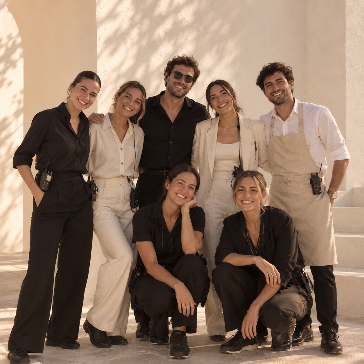 Group of seven diverse smiling people, some with radios and microphones, posed outdoors against a light-colored wall, dressed in casual and work attire.