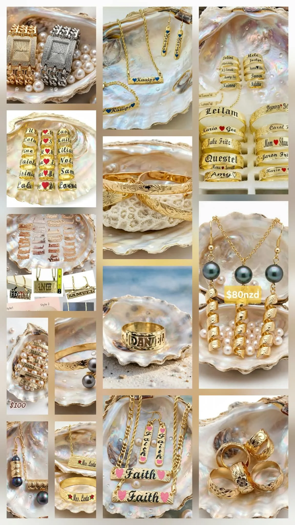 Collection of personalized jewelry including gold and silver watches, necklaces, rings, earrings, and engraved bracelets, displayed on seashells with pearl accents and price tags.