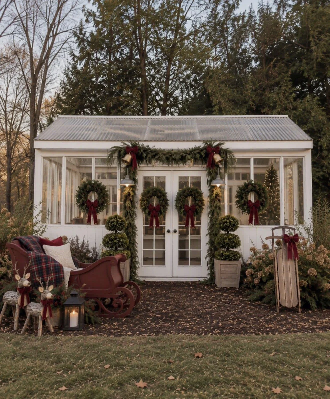 White glass garden greenhouse decorated with Christmas wreaths, garlands, red bows, bells, potted evergreens, and a vintage red sleigh.