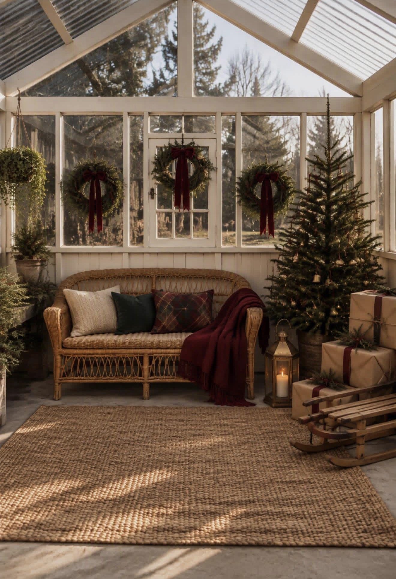 Cozy sunroom decorated for Christmas with a wicker loveseat, wreaths, Christmas tree, wrapped gifts, lantern, and rustic sled.