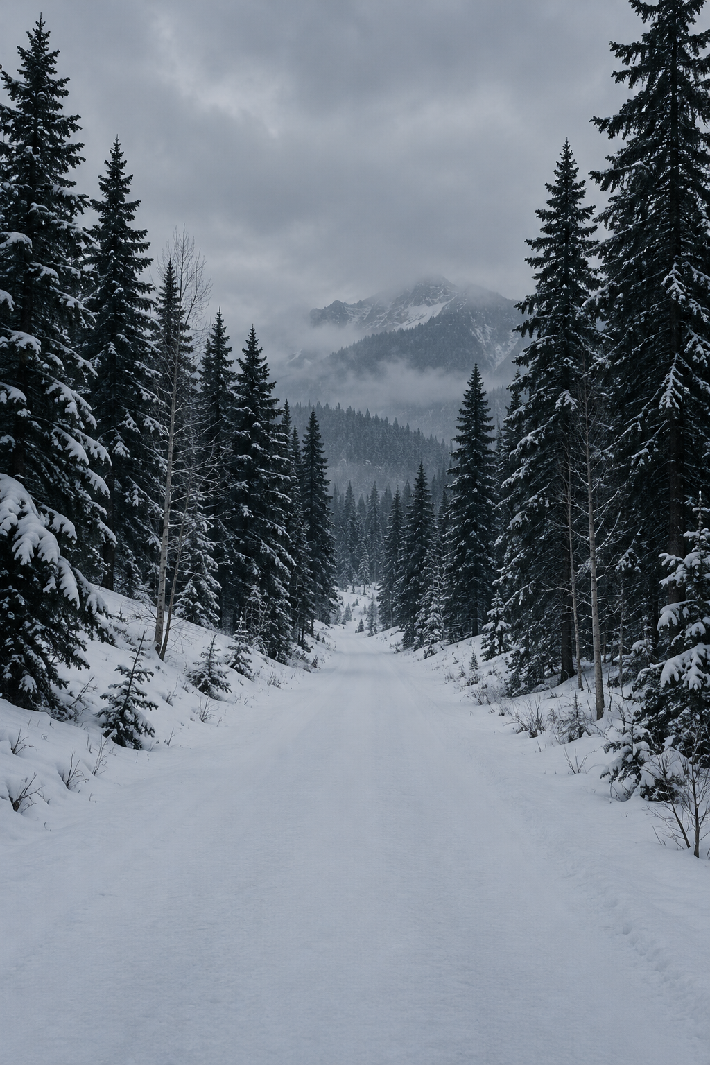 Snow-covered forested mountain landscape with a snow path through tall evergreen trees and cloudy sky.