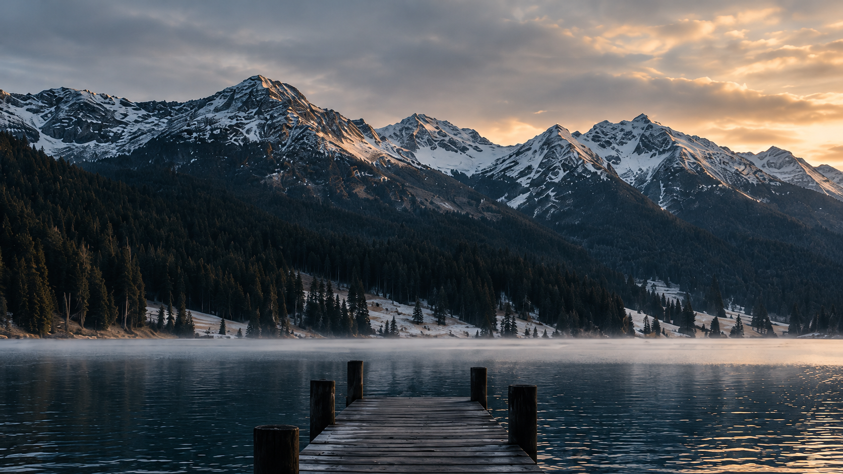 A wooden dock extending into a lake with mist, mountain range with snow, and pine trees in the distance during sunset.