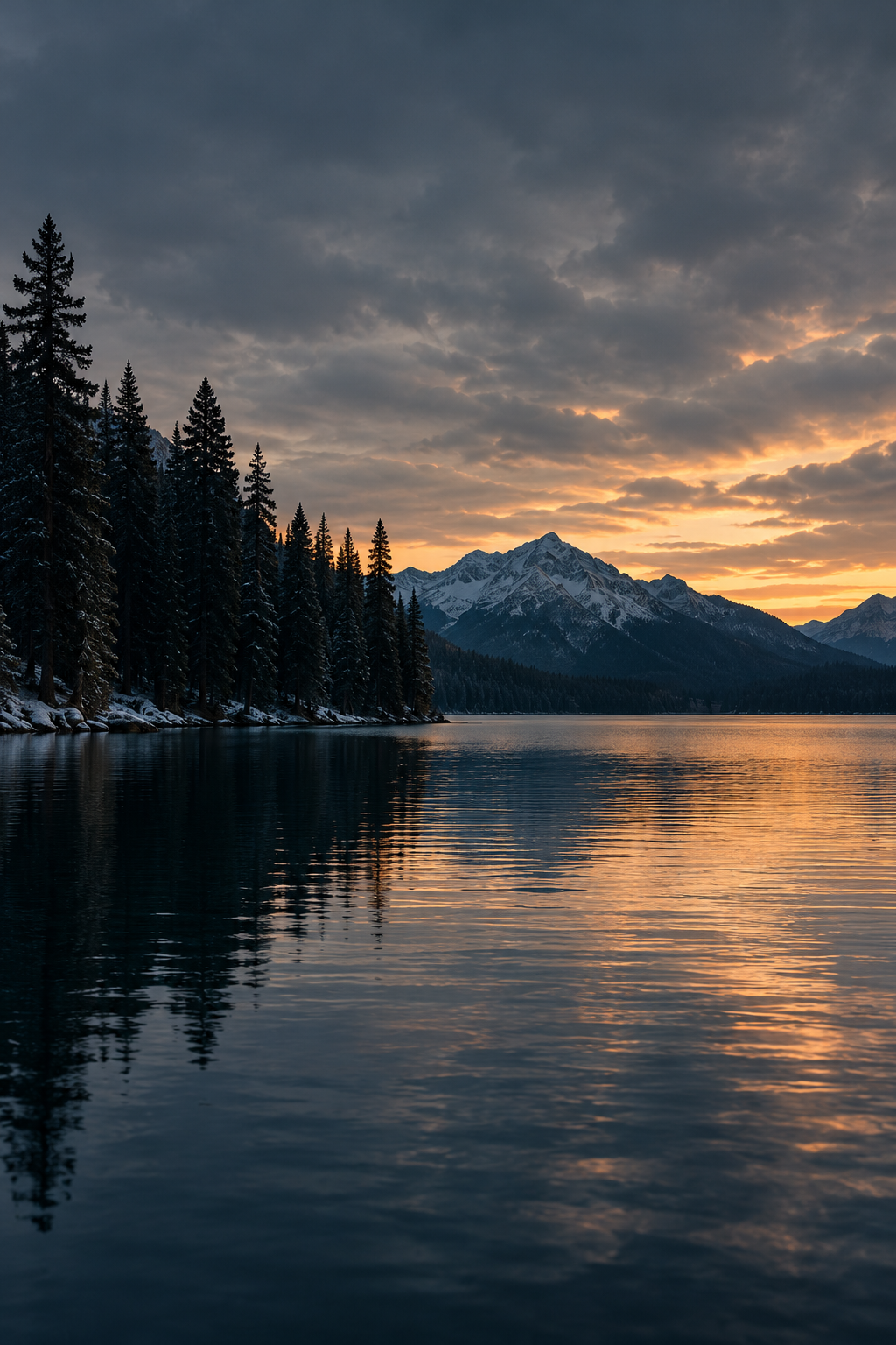 Scenic view of snow-capped mountains reflecting on a lake at sunset, with dark clouds in the sky and pine trees along the shoreline.