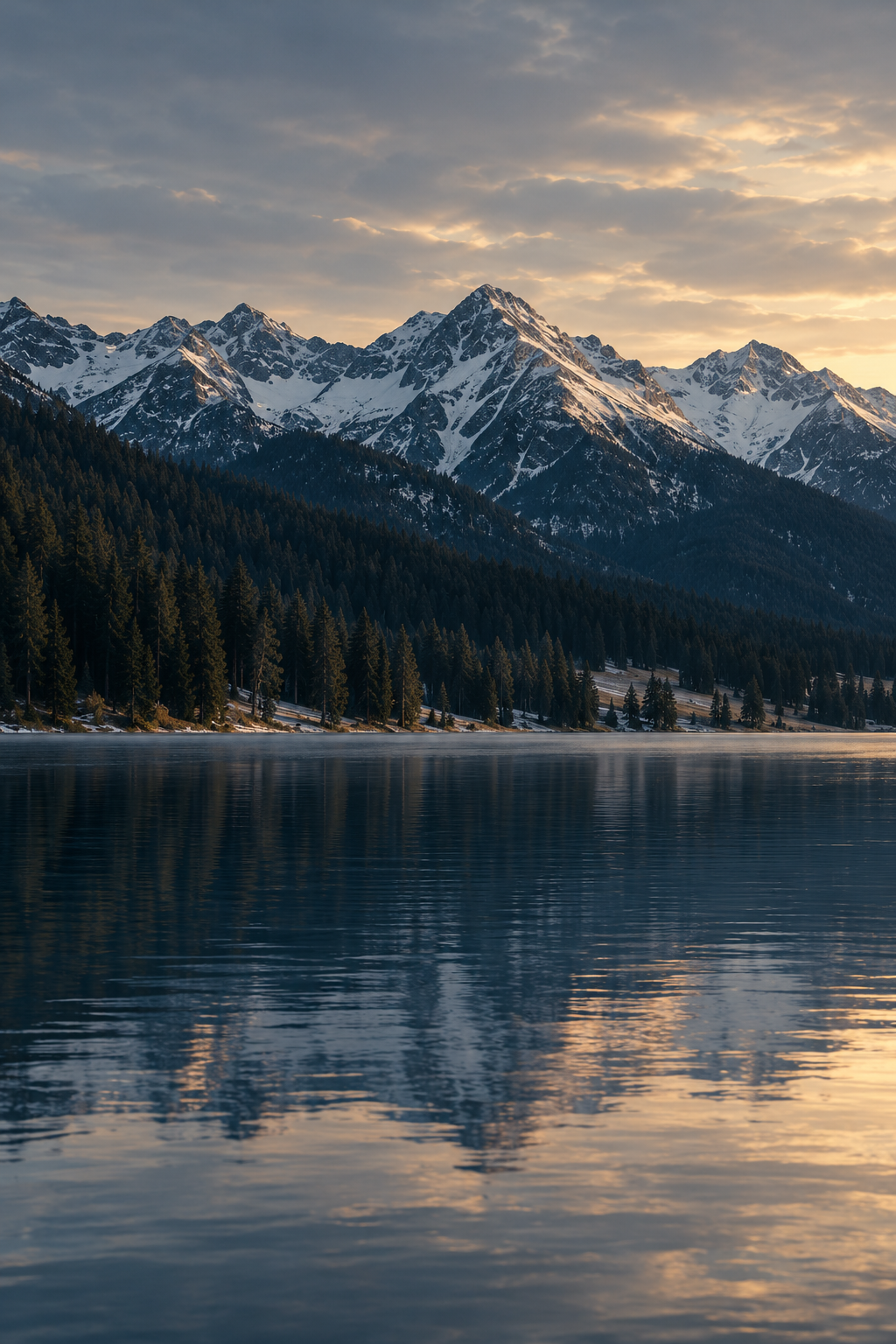 Snow-capped mountains with a forested shoreline and calm water reflecting the landscape, under a cloudy sky at sunset.