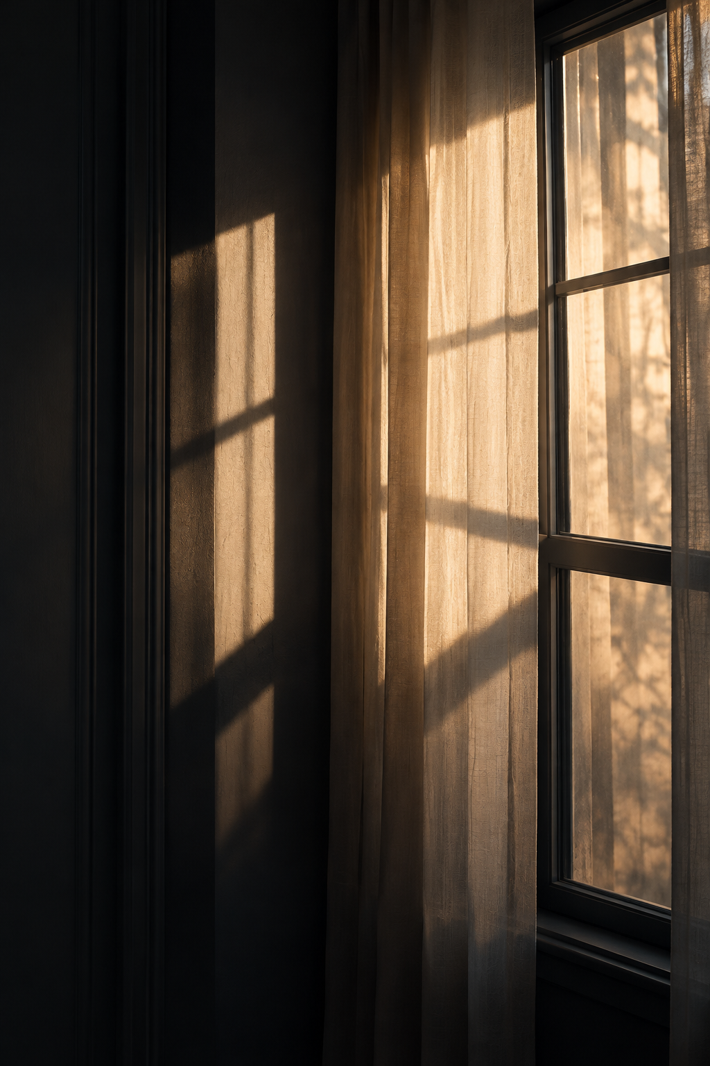 Sunlight casts shadows through a window with sheer curtains, illuminating the room with a warm glow.