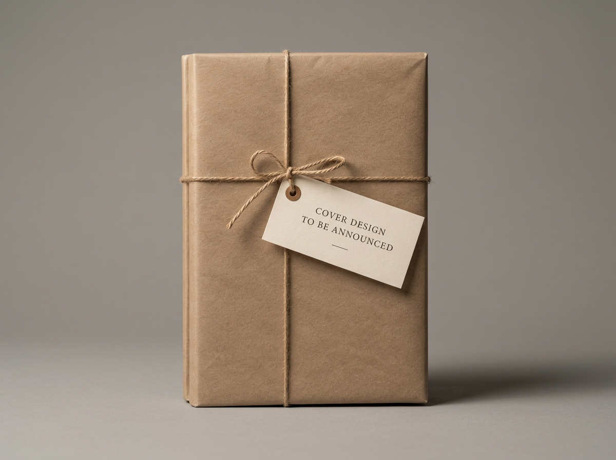 A rectangular gift wrapped in plain brown paper, tied with a simple string bow, with a white tag saying 'Cover Design To Be Announced' on it.
