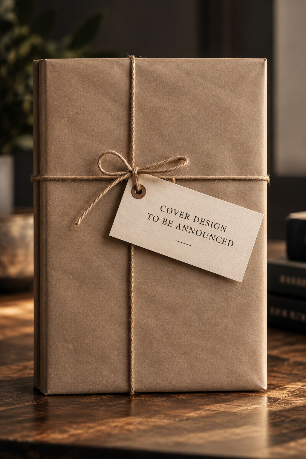 A wrapped gift box with brown paper, tied with twine, and a tag that reads 'Cover design to be announced'.