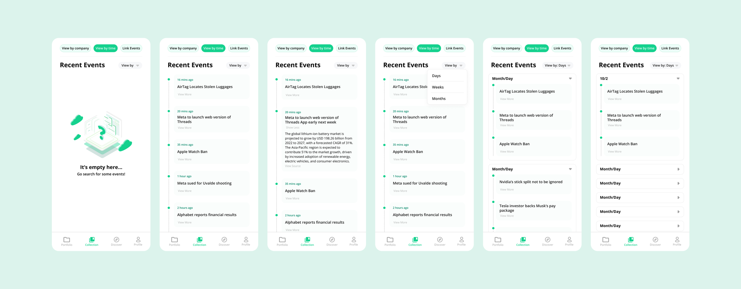 The first flow allows the user to view their collection sorted by time, including more in-depth filtering for easier searching.