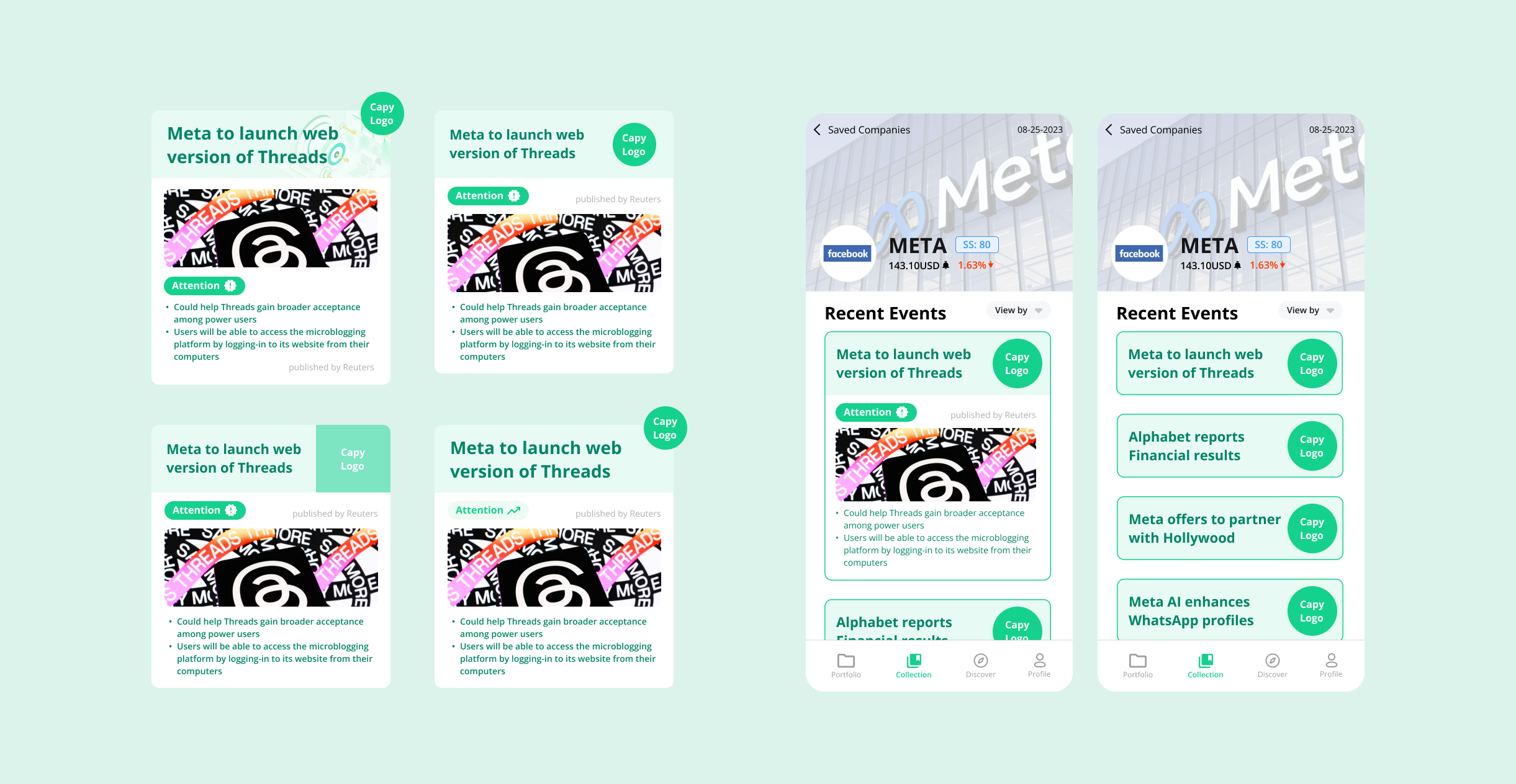 During the design iteration process, the idea of using cards for the company event scroll section was mentioned. These are some of the iterations as well as which design was used in the final mockups.