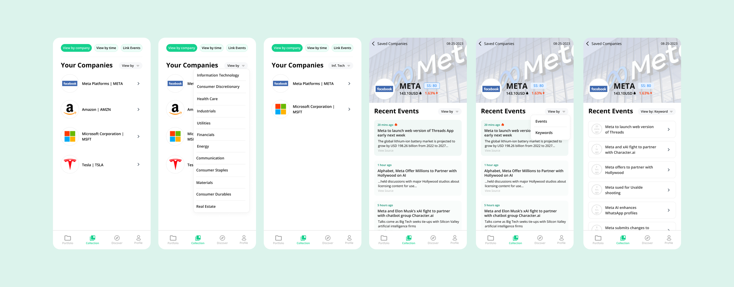 The second flow sorts the collection based on companies that are mentioned in saved events. Users can select a company and be brought to a dedicated scroll of current events relating to that company. 