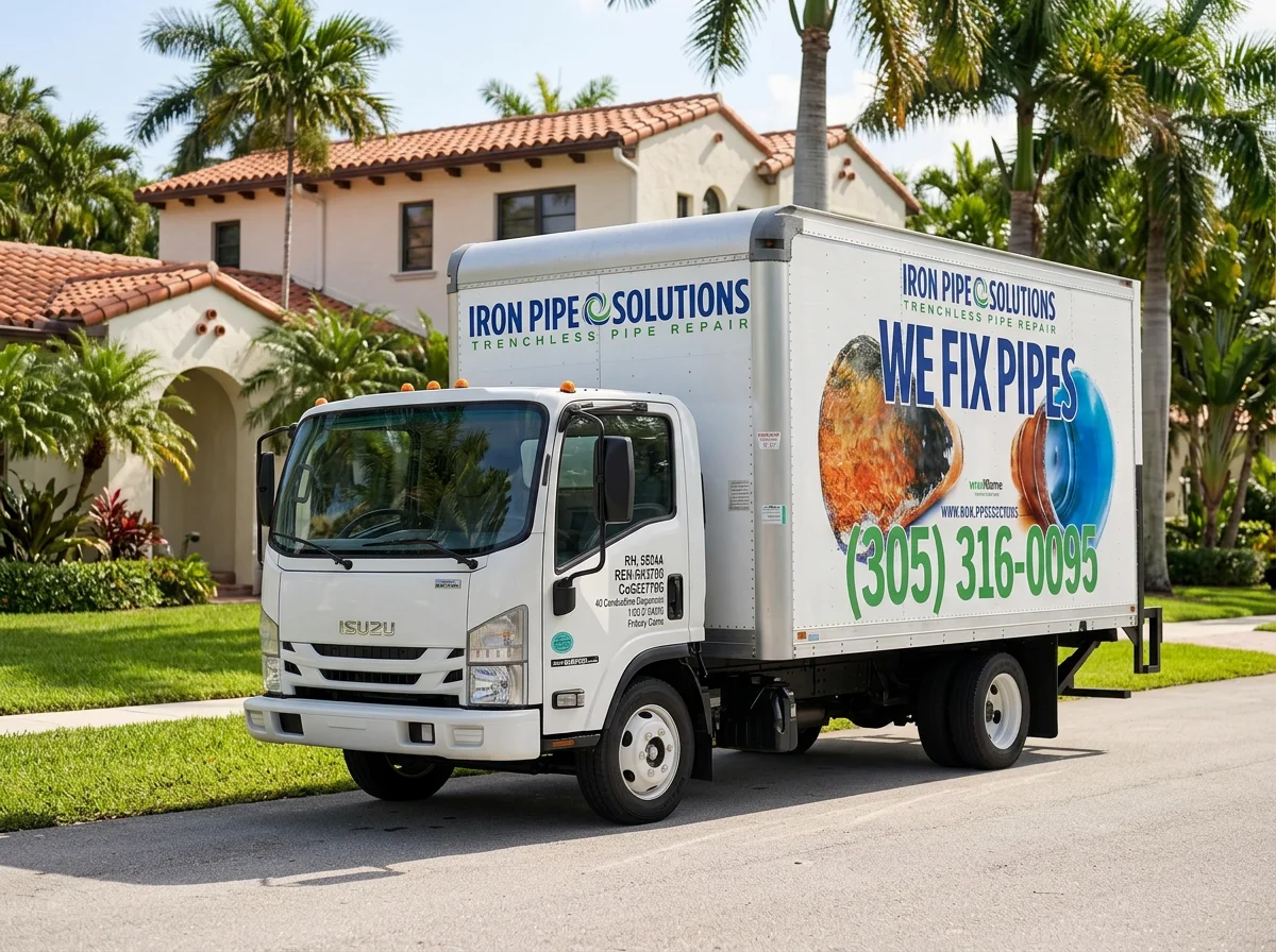 Iron Pipe Solutions service truck parked outside a South Florida home for trenchless pipe rehabilitation services.