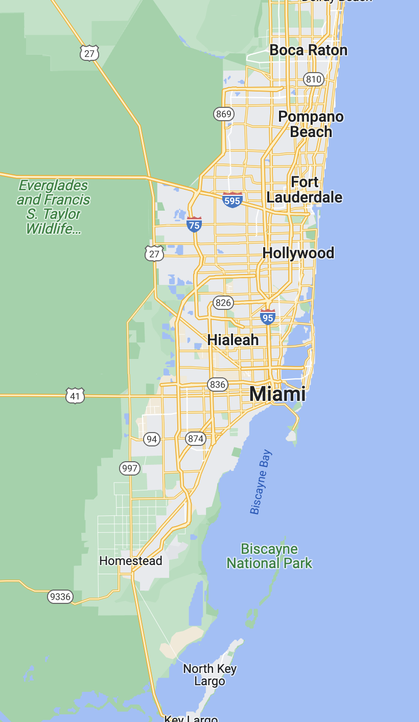 Map showing Iron Pipe Solutions' South Florida service area, including Miami, Hialeah, Hollywood, Fort Lauderdale, Pompano Beach, and surrounding communities.