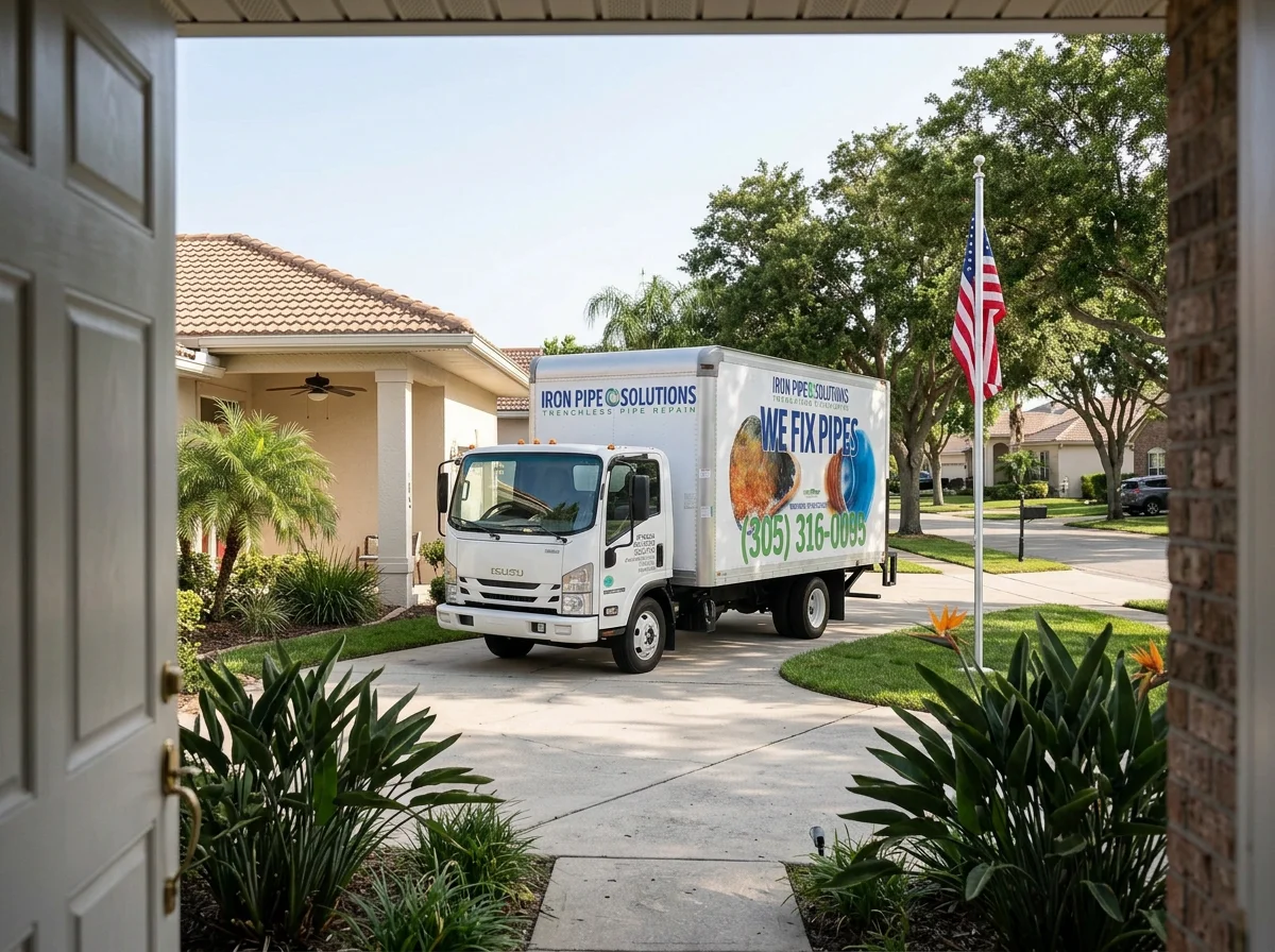 Iron Pipe Solutions service truck parked outside a South Florida residential property with an American flag in the foreground.
