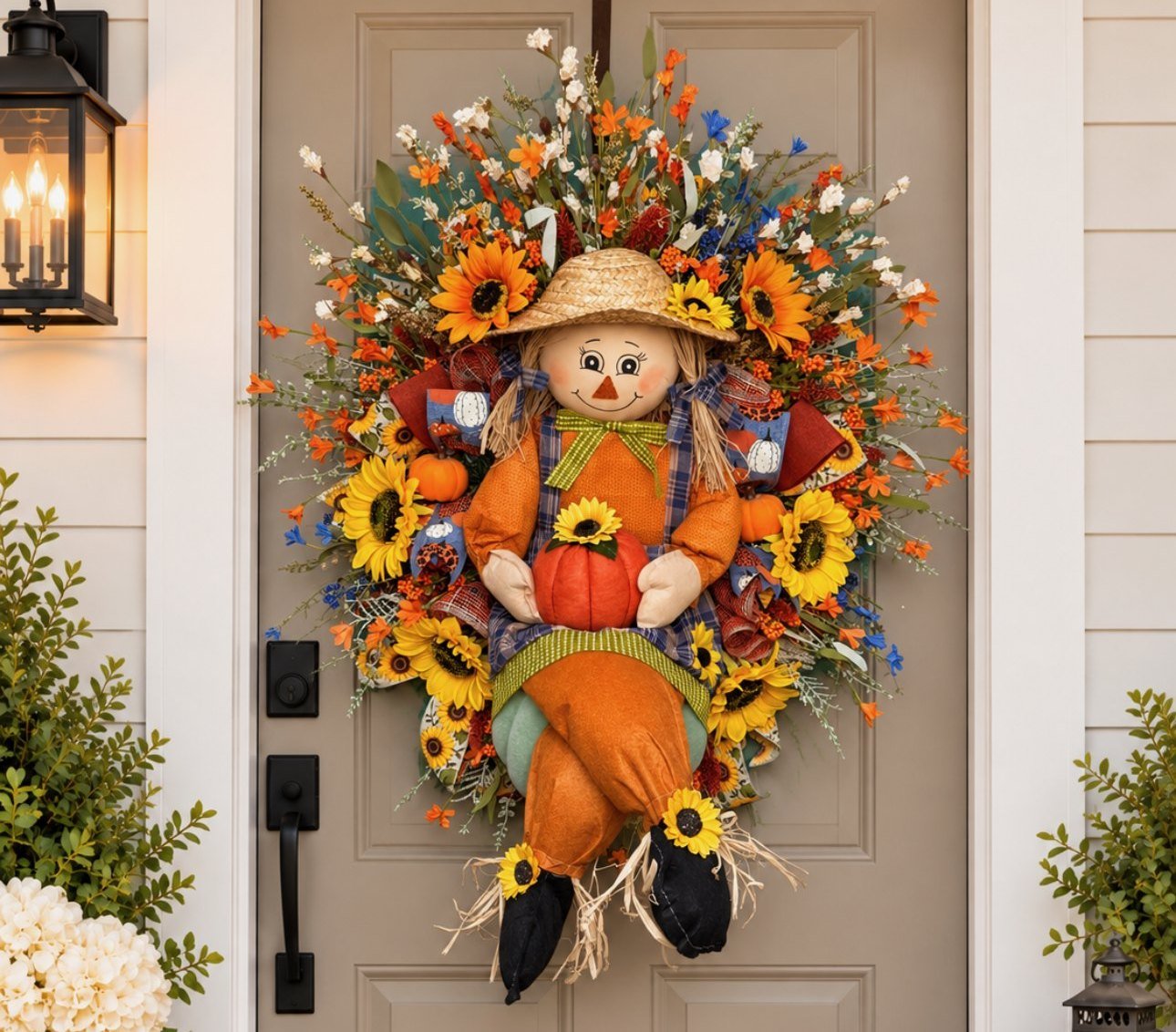 Handmade scarecrow wreath with sunflowers and pumpkins
