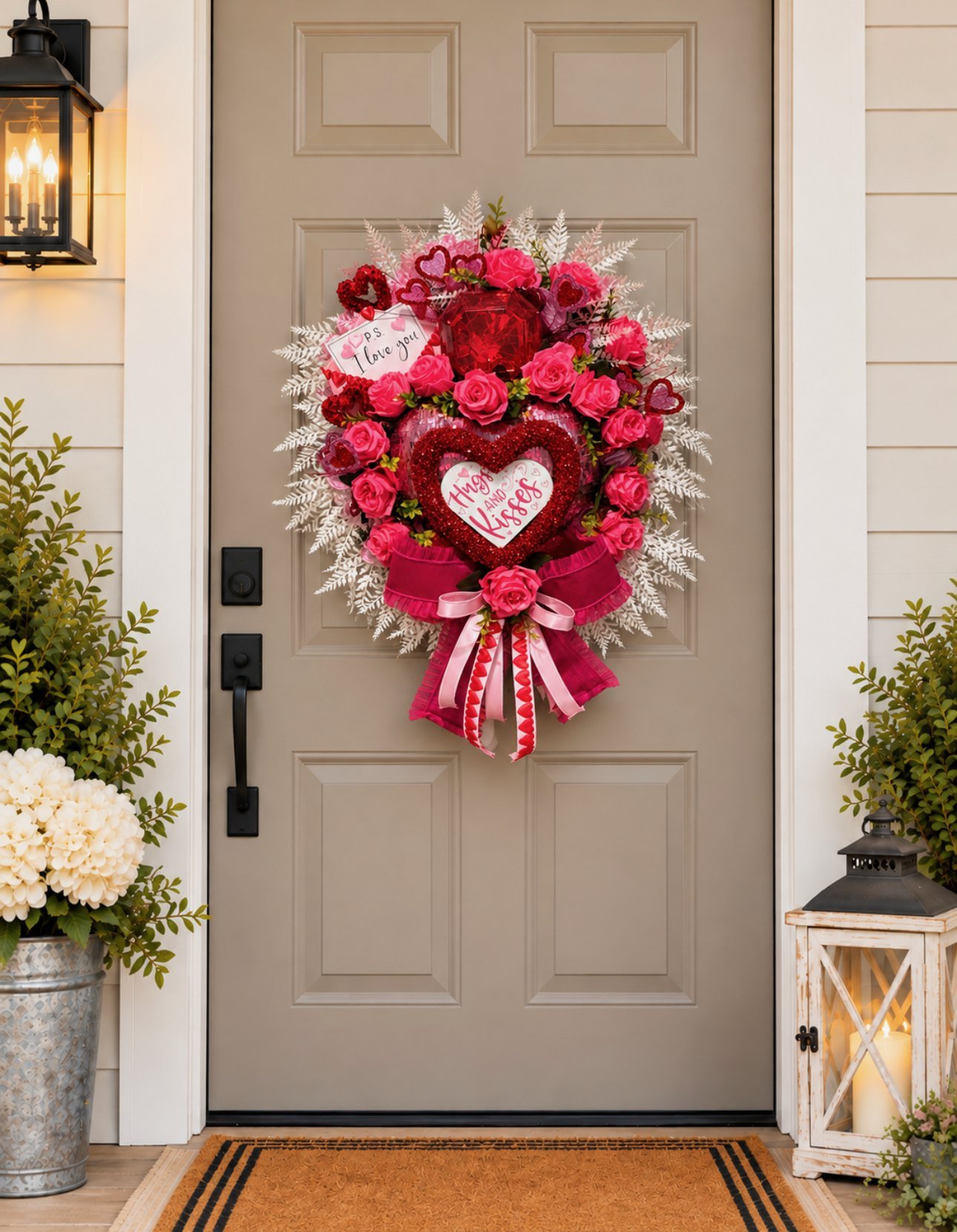 Light-Up Valentine's Wreath with Pink Roses and Hearts