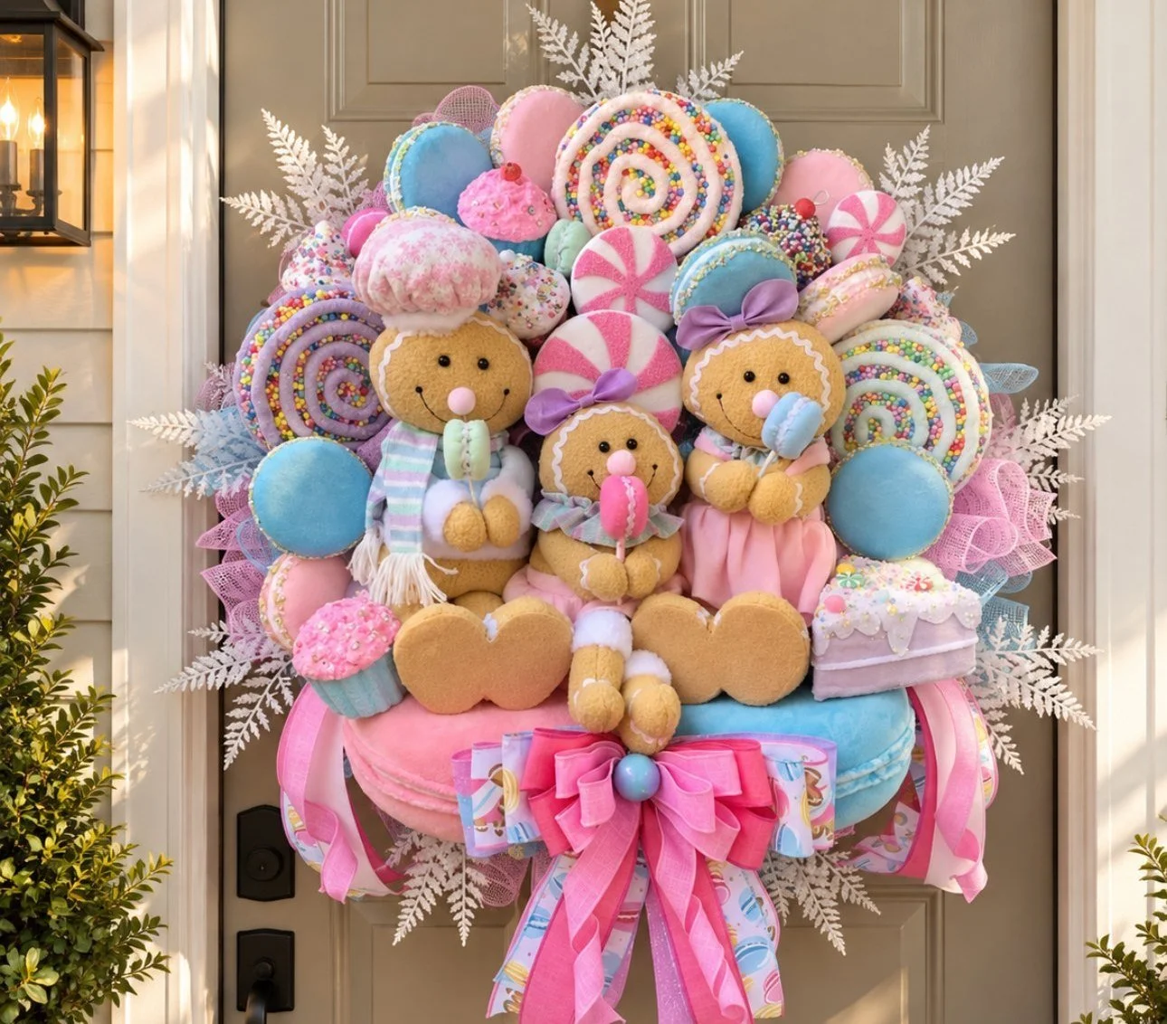 Handmade gingerbread candy wreath with pastel sweets