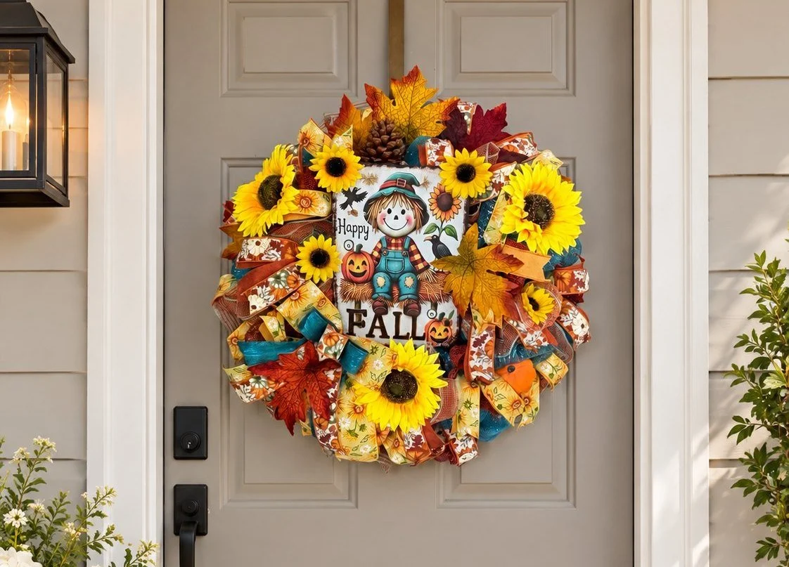 Handmade Happy Fall wreath with sunflowers and a scarecrow sign