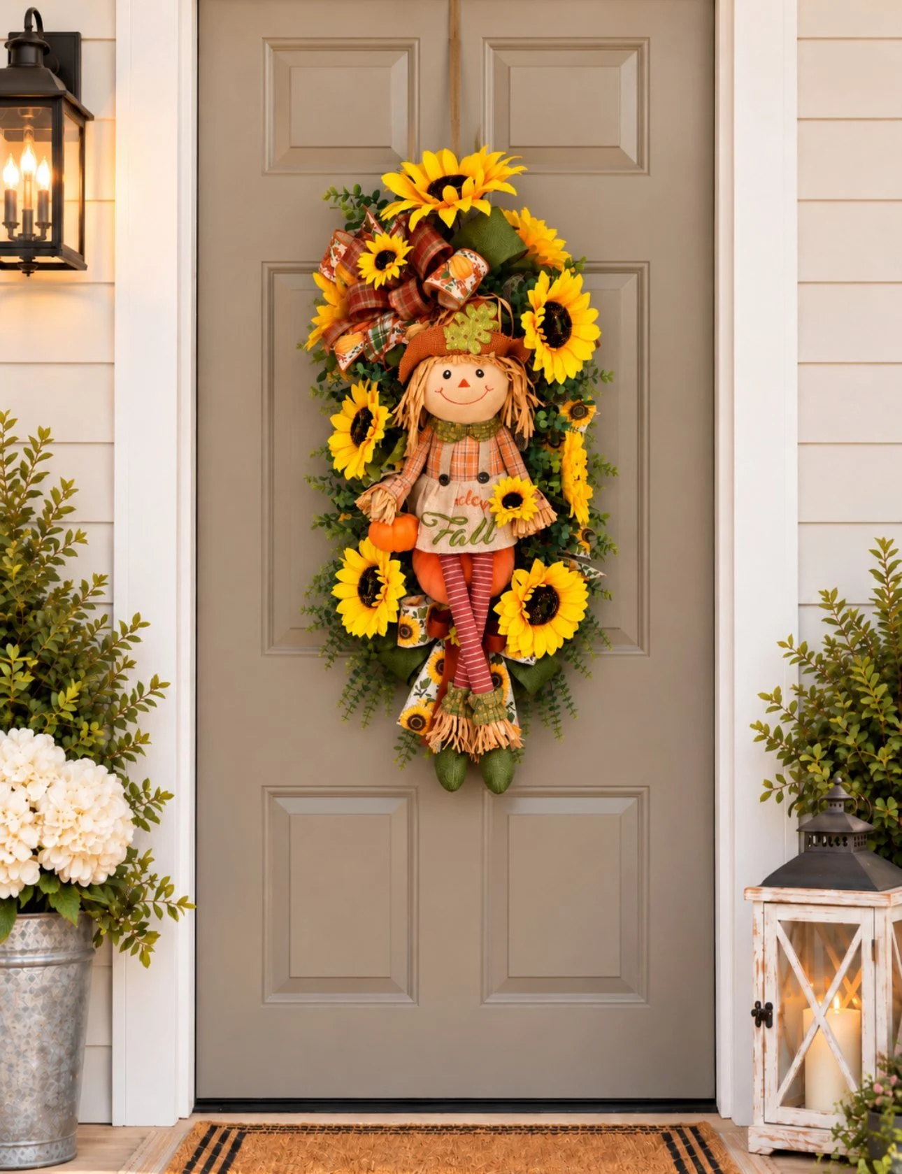 Fall Scarecrow Swag with Pumpkin and Sunflowers