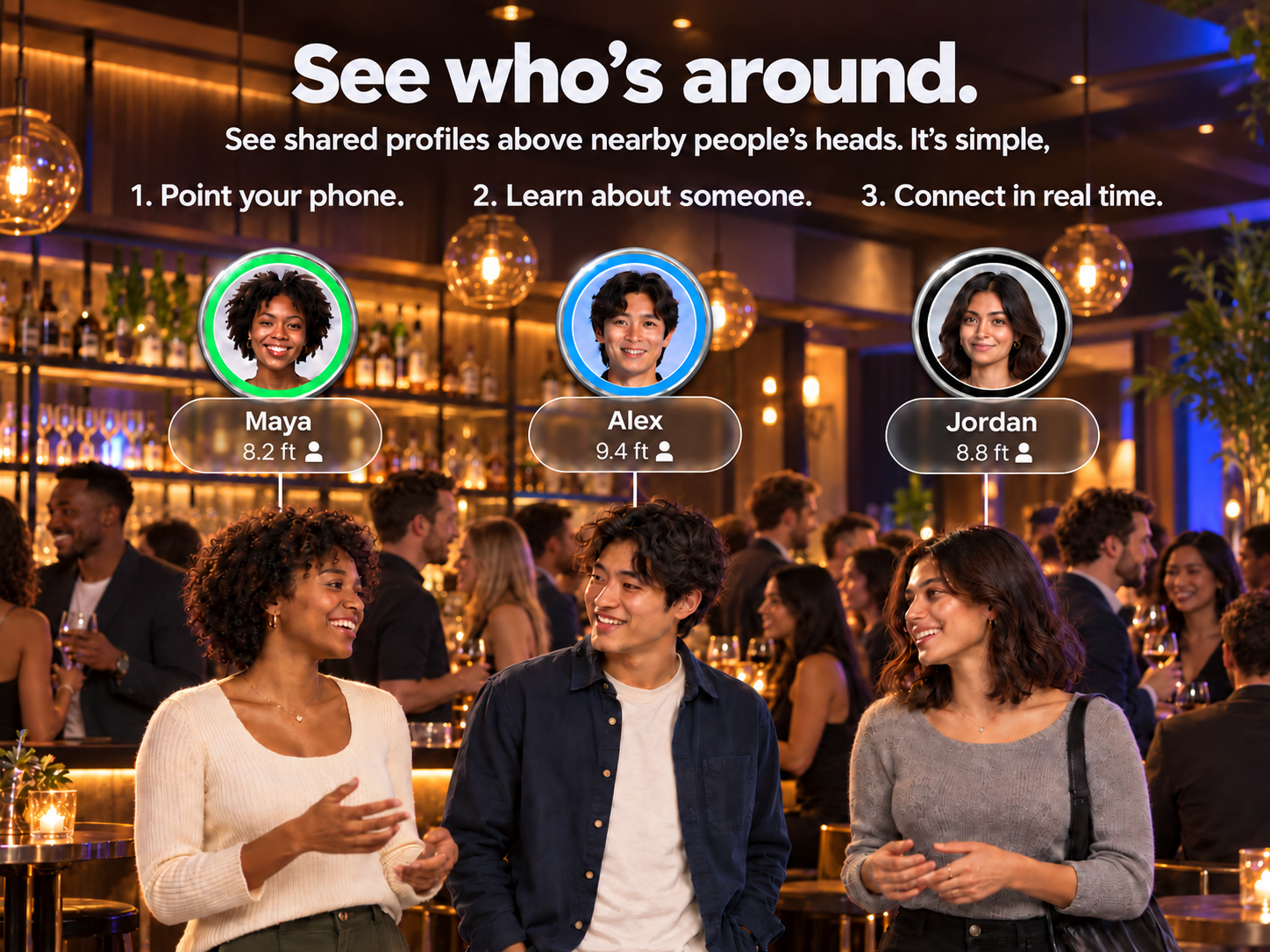 Three people at a bar with Drealm shared profile icons and glass nameplates floating above their heads.